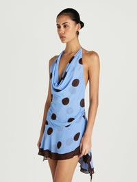 Hire BENNI Harlow Halter Mini Dress in Blue Choc Spot Polka Dot